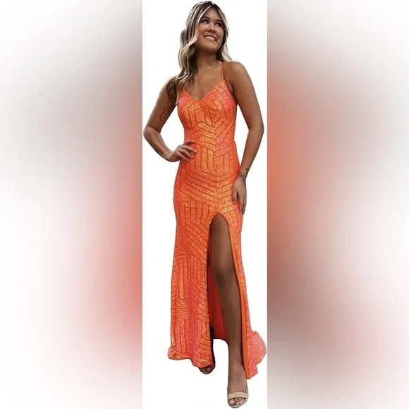 Dresses | Orange Sequin Prom Dress With Slit | Poshmark